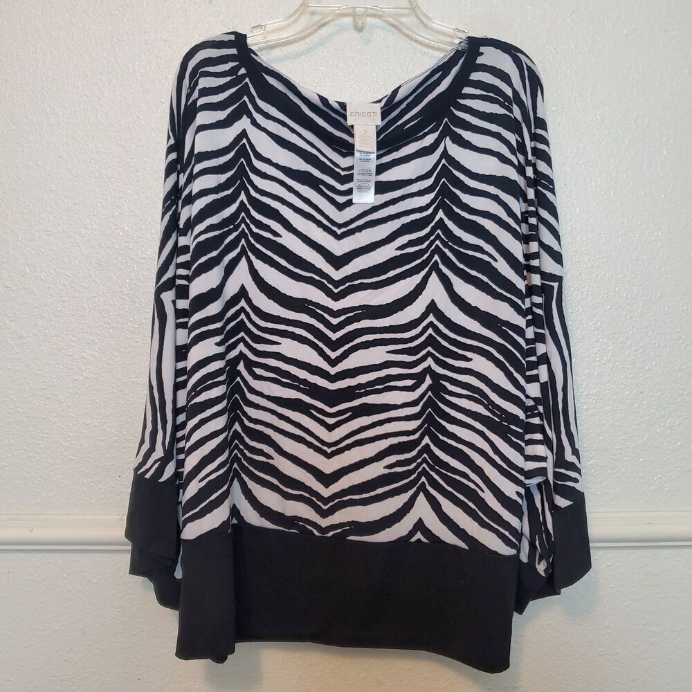 Chicos Top Womens 2 Large Black White Zebra Print ¾ Sleeves Stretch Jersey Fun‎